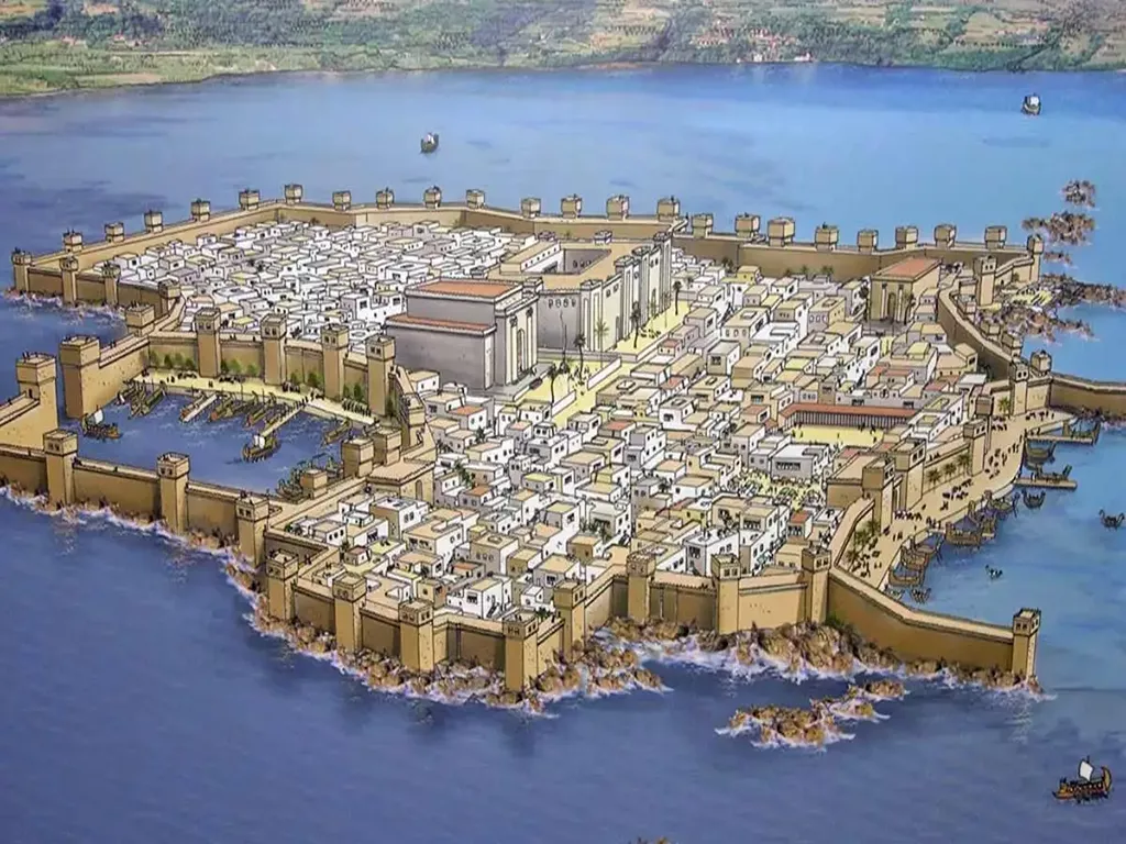 Where the Phoenicians came from and early trade in the Mediterranean - Artists impression of the ancient offshore city of Tyre